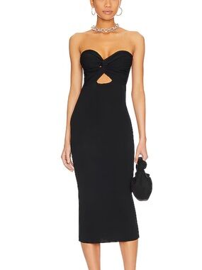 SNDYS Maia Dress Black Strapless Knot-Front Midi Revolve S